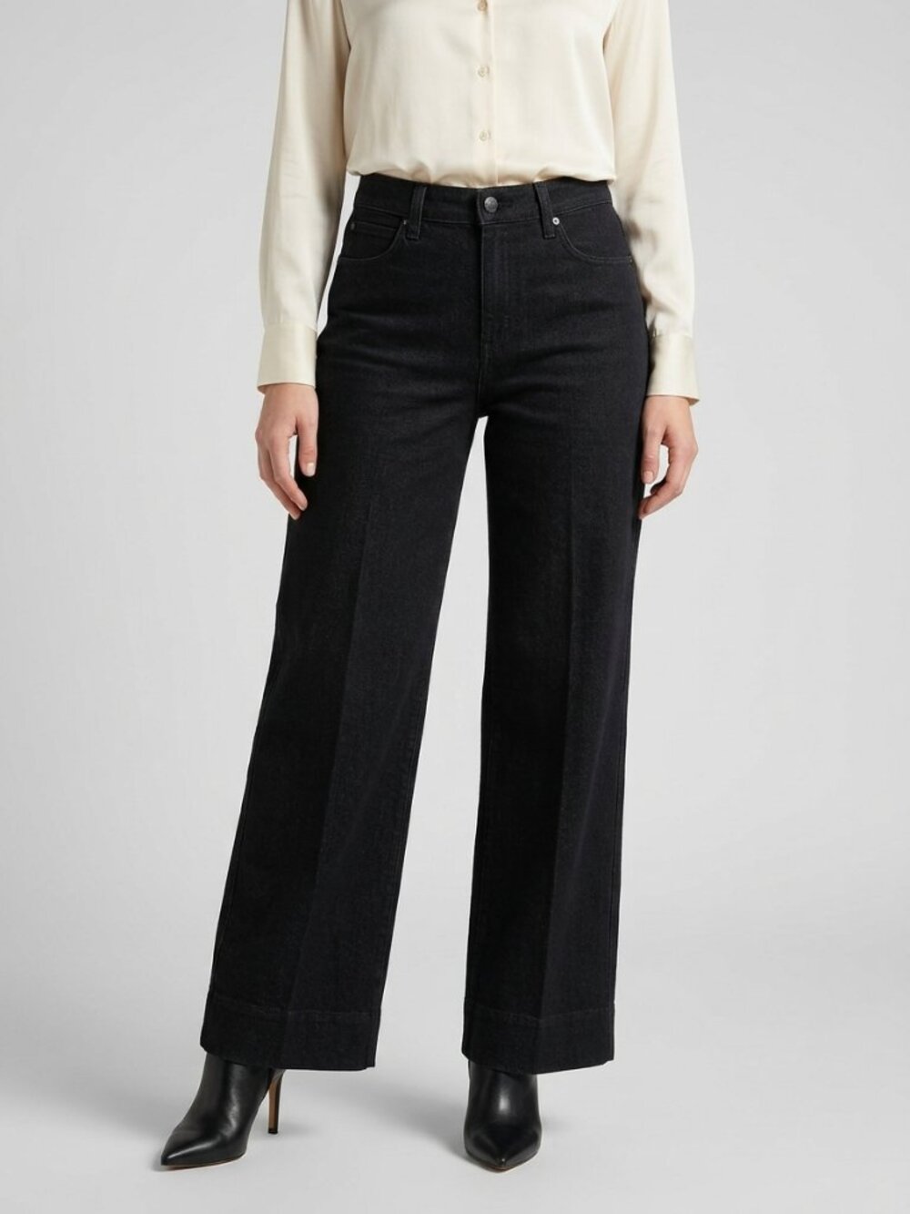 Lee Premium High Rise Wide Leg Jeans 6 Black Denim Trouser NWT